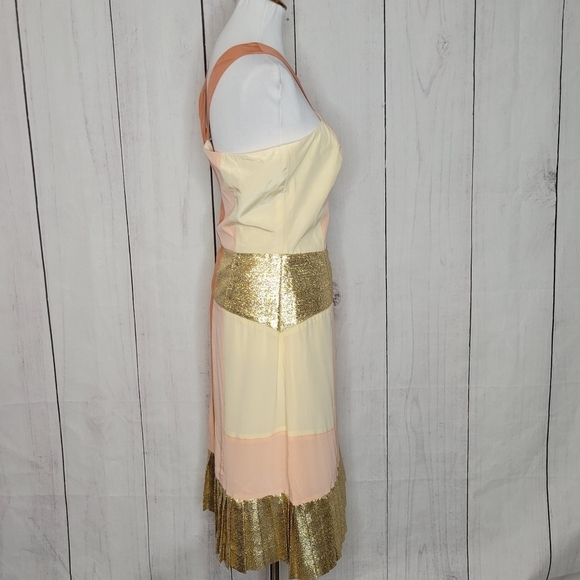 2b Rych Colorblock Halter Dress Gold Pleated Hem Sparkle Sz S - Picture 7 of 12
